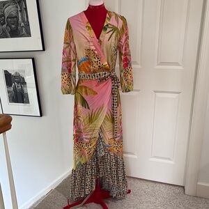 FARM Rio Pink and Green Resort Gown with Bishop Sleeves